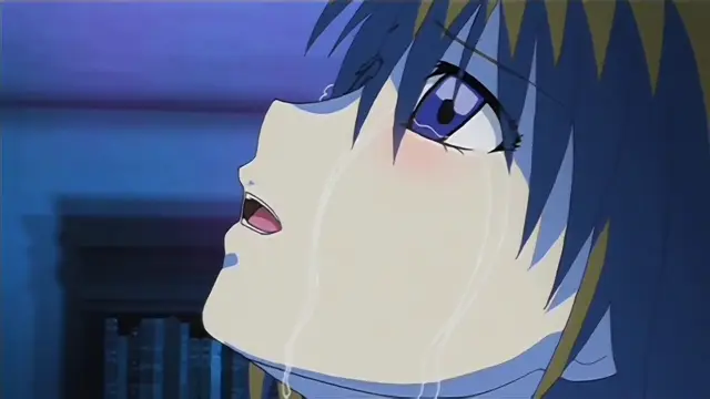 A close-up anime girl with blue hair and blue eyes looks upward with a blushing, dazed expression and sweat dripping down her face. Screenshot from Hime Dorei - Episode 1