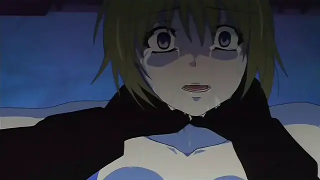 A close-up shot shows a distressed anime girl with green hair and large, teary eyes, wearing a black outfit with a choker, as she looks forward with a dazed expression. Screenshot from Hime Dorei - Episode 1