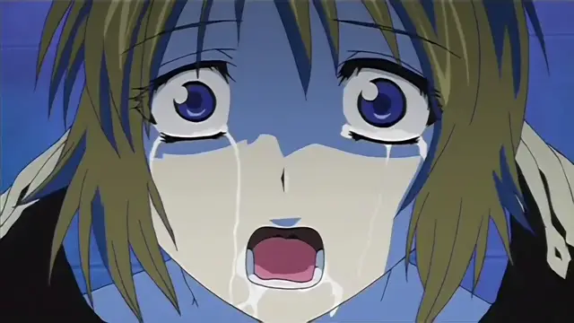 A shocked anime girl with large blue eyes and short brown hair cries out with her mouth wide open while tears stream down her face. Screenshot from Hime Dorei - Episode 1