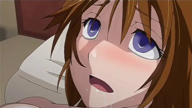 A close-up shot of an anime girl with brown hair and large blue eyes, blushing intensely and sweating while looking upwards with a dazed expression. Screenshot from Hime Dorei - Episode 1