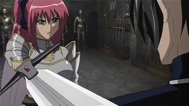 An anime girl with pink hair and blue eyes dressed in silver armor holds a large sword pointed toward a black-haired male character in a stone armory. Screenshot from Hime Dorei - Episode 1