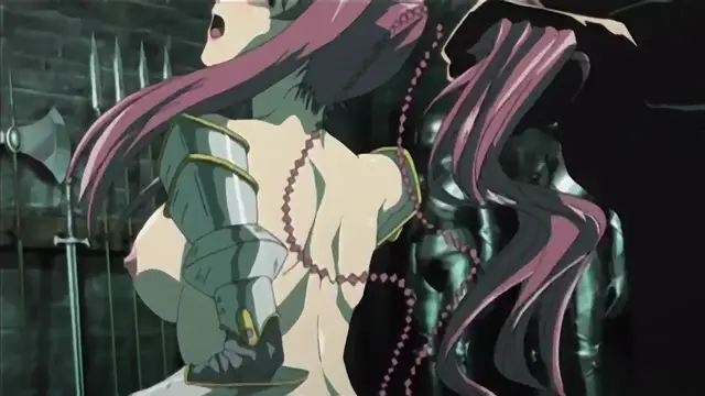 A female knight in armor with pink hair is shown from the back, revealing her breasts and a necklace, while standing in a dark dungeon-like setting with weapons on the wall. Screenshot from Hime Dorei - Episode 1