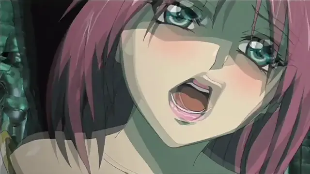 A close-up shot of a blushing anime girl with pink hair and blue eyes making an Ahegao face with her mouth wide open and eyes rolling back. Screenshot from Hime Dorei - Episode 1