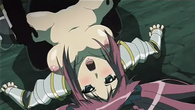 An anime girl with purple hair and a blushing face lies on the ground with her breasts exposed and her mouth open in a shocked expression. Screenshot from Hime Dorei - Episode 1