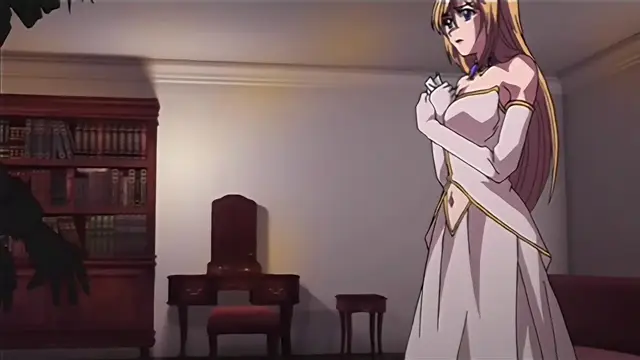 A worried-looking woman in a long white dress with gold trim stands in a library or study, clutching her chest with her hands, while someone's shadow is visible in the foreground on the left. Screenshot from Hime Dorei - Episode 1