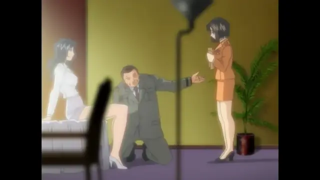 A man in a suit kneels on the floor with his hand outstretched toward a woman in a brown dress, while another woman sits on a table in the background. Screenshot from Foxy Nudes - Episode 1