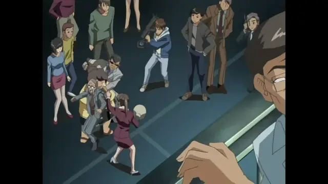 A group of anime characters are standing in a room as a man in a suit is being physically restrained and handled by several women on the floor. Screenshot from Foxy Nudes - Episode 1