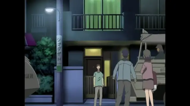 A group of anime characters stand outside a building at night next to a vehicle, with one man looking towards a woman while another stands in the doorway. Screenshot from Foxy Nudes - Episode 1
