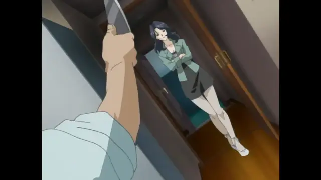 A woman with dark hair and a green outfit stands in a doorway, looking at a man who is holding a large knife towards her. Screenshot from Foxy Nudes - Episode 1