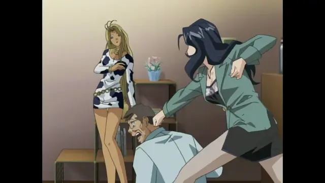 In an indoor setting, a woman with long black hair in a green jacket grabs the hair of a man who is kneeling on the floor with a shocked expression while another woman in a white dress watches from the background. Screenshot from Foxy Nudes - Episode 1