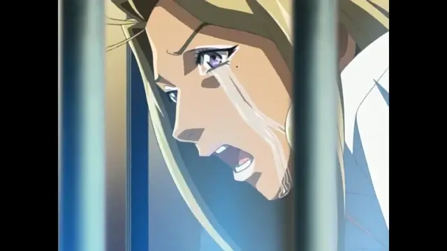 A crying blonde anime girl with a shocked expression looks out from behind the bars of a cage. Screenshot from Foxy Nudes - Episode 2