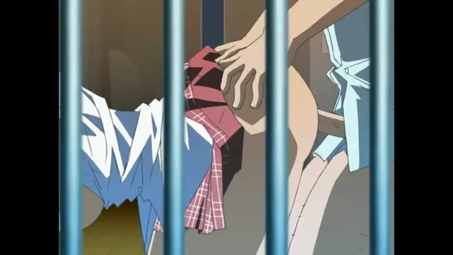 A girl in a blue and white outfit and a pink plaid skirt is shown behind bars, with a man's hand reaching in to grab her. Screenshot from Foxy Nudes - Episode 2