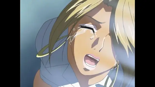 An anime girl with blonde hair, wearing a blue school uniform, cries with her mouth open while expressing a look of intense pleasure or distress. Screenshot from Foxy Nudes - Episode 2