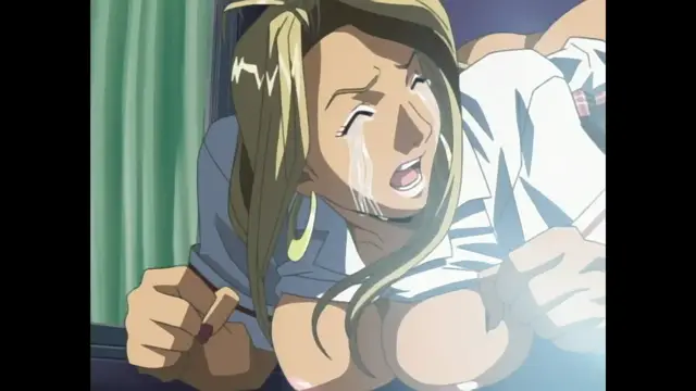 A distressed, crying anime woman with blonde hair and large hoop earrings looks shocked and overwhelmed while being engaged in sexual activity in a bedroom. Screenshot from Foxy Nudes - Episode 2