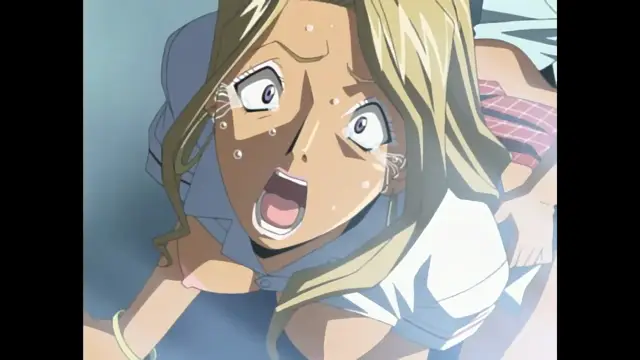 A shocked blonde girl with wide eyes and sweat on her face screams in fear as she is pinned down by multiple men. Screenshot from Foxy Nudes - Episode 2