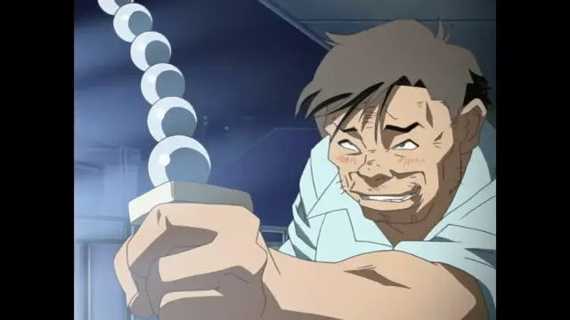 An anime man with a sweaty, strained expression and heavy veins on his face grips a white handle with a chain attached to it, looking determined and intense. Screenshot from Foxy Nudes - Episode 2