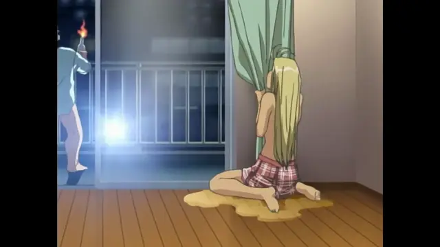 A blonde woman in a plaid skirt sits on the floor in a puddle of cum while a man outside the glass door holds a lit candle to her face, her head covered by a green curtain. Screenshot from Foxy Nudes - Episode 2