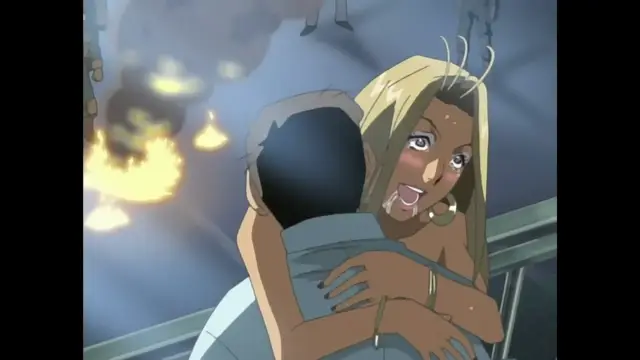 A blonde woman with an aroused expression and long hair hugs a man from behind while a fire burns in the background. Screenshot from Foxy Nudes - Episode 2
