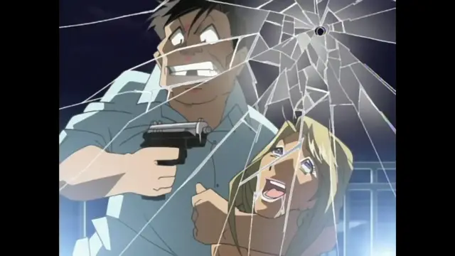 A terrified woman with blonde hair gives a thumbs up while a man holds a handgun behind her, both visible through a shattered windowpane. Screenshot from Foxy Nudes - Episode 2
