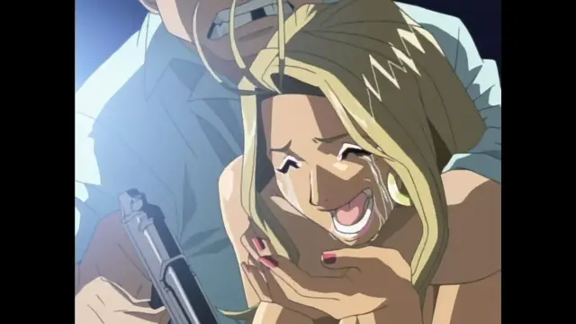 A blonde woman with a blissful expression and tears streaming down her face reacts with joy as a man with glasses holds her from behind while gripping a handgun. Screenshot from Foxy Nudes - Episode 2