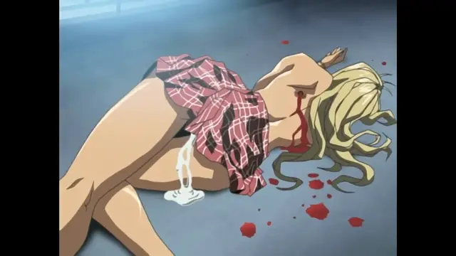 A blonde woman lies on the floor in a pink plaid shirt, with blood dripping from her chest and a large amount of white fluid pooling beneath her. Screenshot from Foxy Nudes - Episode 2