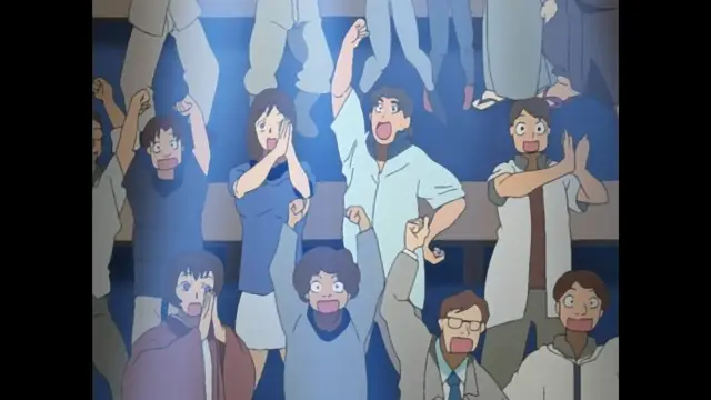 A group of shocked and cheering anime characters in a stadium audience react with various expressions of surprise, joy, and disbelief. Screenshot from Foxy Nudes - Episode 2