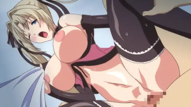 A close-up anime shot shows a blonde woman in a black and pink outfit with large breasts lying on her back while being penetrated from behind by a man in black stockings. Screenshot from Harem Time - Episode 1