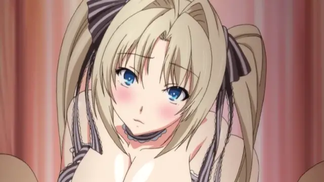 An anime girl with long blonde hair tied in twin tails and a blushing face is shown with a collar around her neck, looking forward in a scene with a pink curtain background. Screenshot from Harem Time - Episode 1