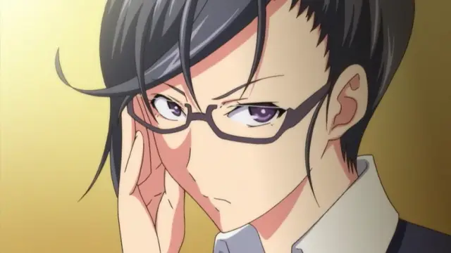 A close-up shot of a man with black hair and glasses resting his chin on his hand with a blush on his face and a serious expression. Screenshot from Harem Time - Episode 1