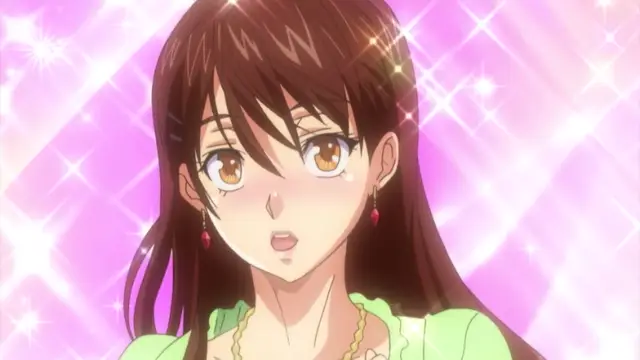 A brown-haired woman with amber eyes and red earrings looks startled with a blush on her face against a sparkling pink background. Screenshot from Harem Time - Episode 1