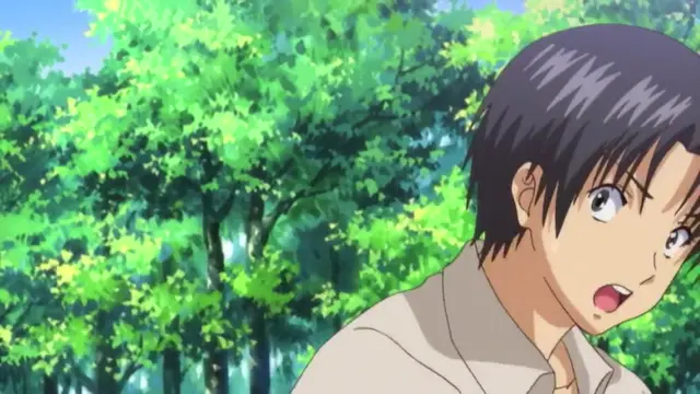 A shocked anime boy with dark hair and wide eyes looks to the side against a backdrop of lush green forest trees. Screenshot from Harem Time - Episode 1