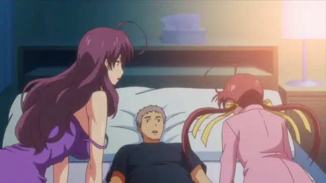 A purple-haired woman in a purple lingerie dress and a red-haired woman in a pink robe stand over a surprised man lying in bed in a dimly lit bedroom. Screenshot from Harem Time - Episode 2