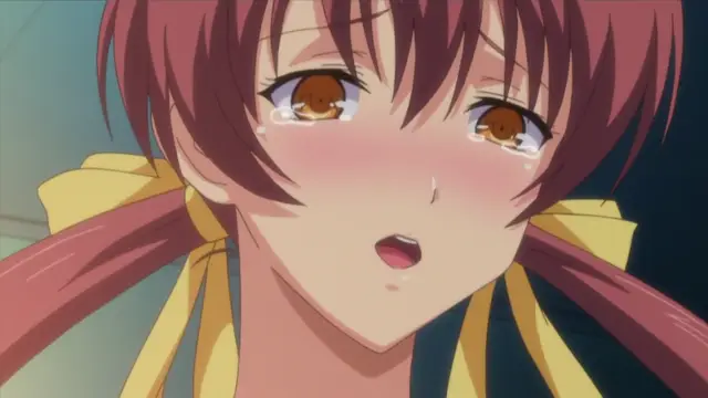 A blushing anime girl with reddish-brown hair and yellow ribbons in her hair cries with wide, watery brown eyes and an open mouth. Screenshot from Harem Time - Episode 2