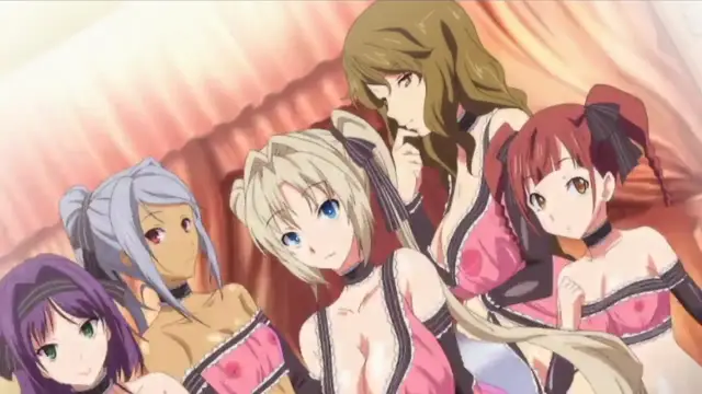 Multiple anime girls in revealing pink and white outfits sit together in a room with orange curtains. Screenshot from Harem Time - Episode 2
