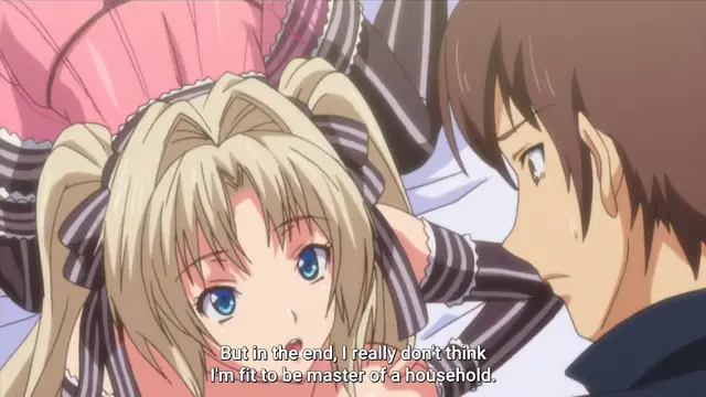 A blonde woman in a maid outfit with blue eyes and pigtails looks down sadly at a brown-haired man while subtitles at the bottom read, "But in the end, I really don't think I'm fit to be master of a household.". Screenshot from Harem Time - Episode 2