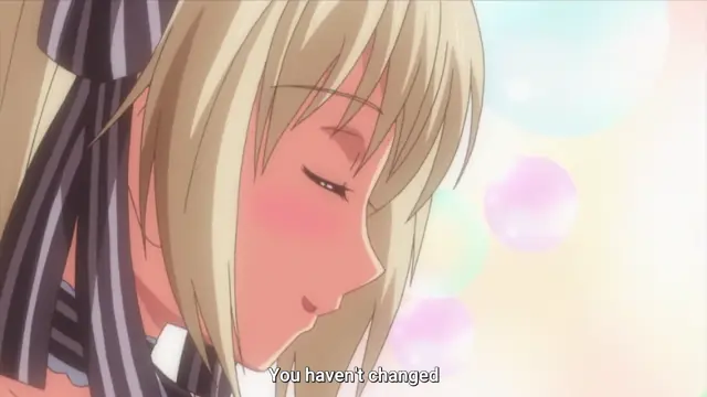 A close-up shot of a blushing anime girl with blonde hair and closed eyes looking down with the subtitle "You haven't changed.". Screenshot from Harem Time - Episode 2