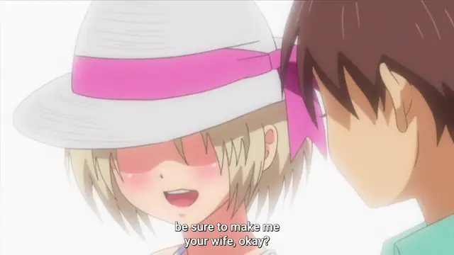 A blushing anime girl wearing a white hat with a pink ribbon smiles and speaks to a boy, with subtitles saying, "be sure to make me your wife, okay?". Screenshot from Harem Time - Episode 2