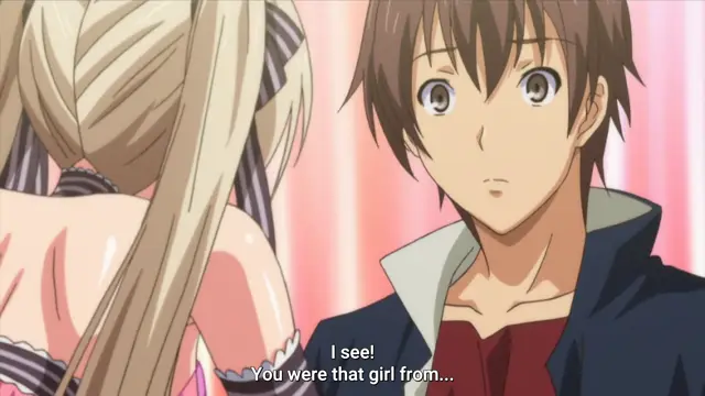 A brown-haired anime male character looks surprised while a blonde female character in a striped outfit stands with her back to him, with the subtitle "I see! You were that girl from..." appearing at the bottom. Screenshot from Harem Time - Episode 2