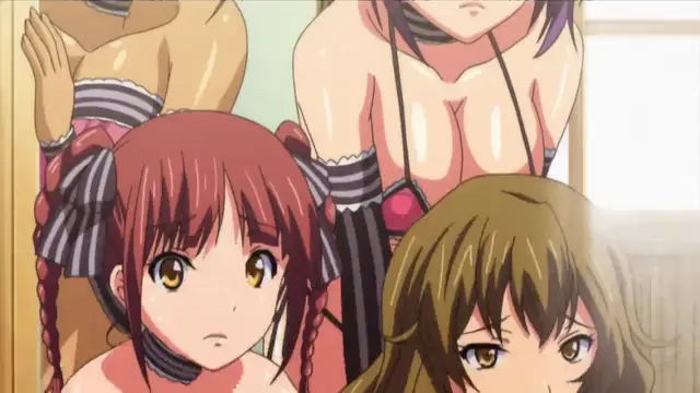 A group of anime girls with large breasts, some wearing lingerie, stand behind two shocked-looking girls who are blushing while being observed. Screenshot from Harem Time - Episode 2
