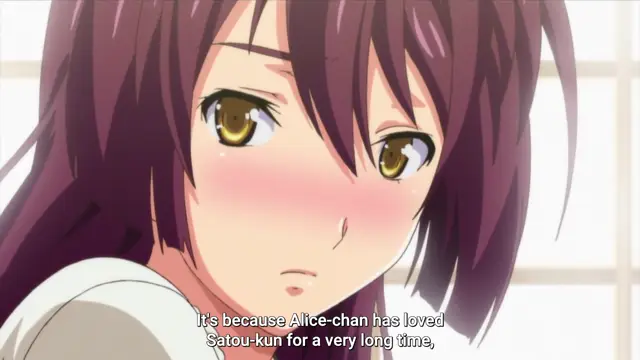 A blushing anime girl with dark purple hair and wide eyes looks off-camera with a subtitle at the bottom that reads, "It's because Alice-chan has loved Satou-kun for a very long time,". Screenshot from Harem Time - Episode 2