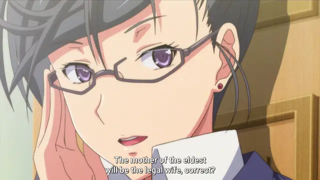 A close-up of an anime woman with glasses and black hair looks concerned, with a subtitle that reads, "The mother of the oldest will be the legal wife, correct?". Screenshot from Harem Time - Episode 2