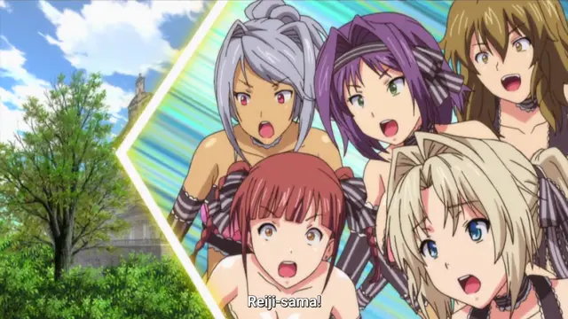 Five anime girls with varied hair colors and large expressive eyes look on with surprised expressions from behind a white border, while a subtitle at the bottom reads "Reiji-sama!". Screenshot from Harem Time - Episode 2