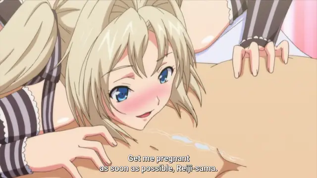 A blonde anime girl with blue eyes and pigtails lies face down on a bed with a blushing expression while a male character's hands reach toward her from above, and she says, "Get me pregnant as soon as possible, Reiji-sama.". Screenshot from Harem Time - Episode 2