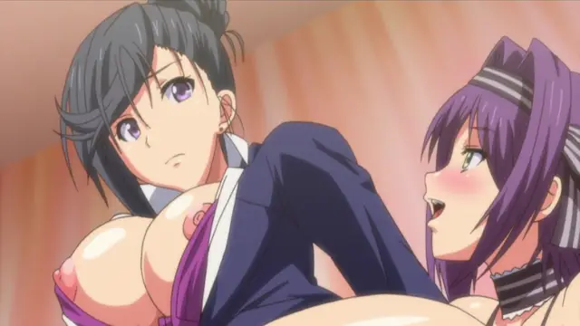 A dark-haired woman in a business suit with large exposed breasts leans over a purple-haired girl who looks shocked. Screenshot from Harem Time - Episode 2