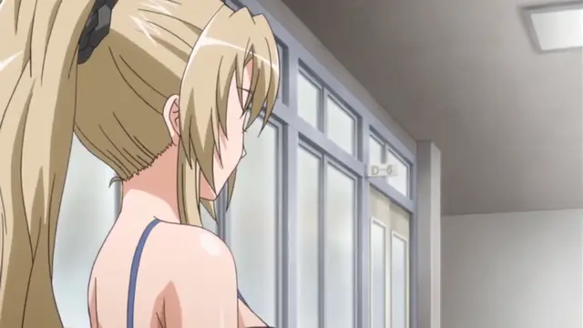 A blonde anime girl with long twin tails and a swimsuit stands in a hallway looking down with a blushing face. Screenshot from Wana Hakudaku Mamire no Houkago - Episode 1