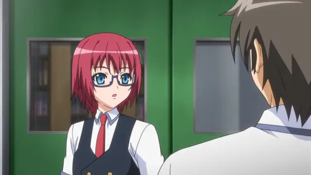 A girl with short red hair and glasses in a school uniform stands in a hallway, looking surprised as she faces a brown-haired boy from the side. Screenshot from Wana Hakudaku Mamire no Houkago - Episode 1