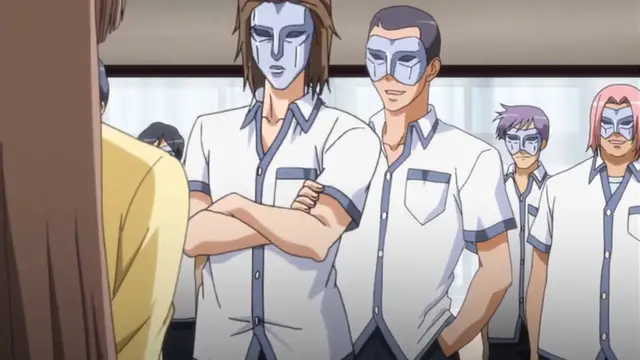 A group of men wearing silver masks and white shirts stand in a line, facing a woman with long brown hair who is seen from the side. Screenshot from Wana Hakudaku Mamire no Houkago - Episode 1