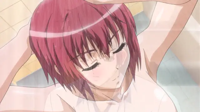 A close-up shot shows a girl with short red hair and closed eyes, looking blissful as she relaxes in a bath with her arms raised above her head. Screenshot from Wana Hakudaku Mamire no Houkago - Episode 1