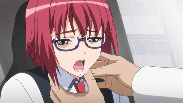 A red-haired girl with glasses is being choked by a man's hands while she has an expression of surprise or distress on her face. Screenshot from Wana Hakudaku Mamire no Houkago - Episode 1
