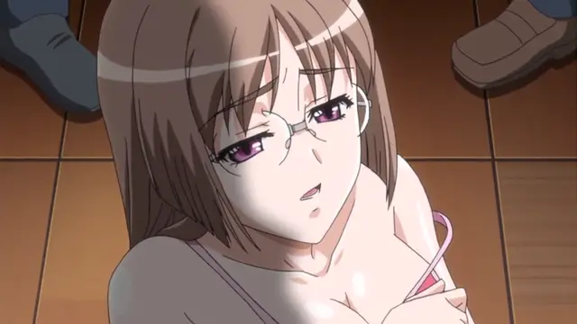 A woman with brown hair and glasses lies on a wooden floor, her pink lingerie pulled down to expose her breasts. Screenshot from Wana Hakudaku Mamire no Houkago - Episode 1